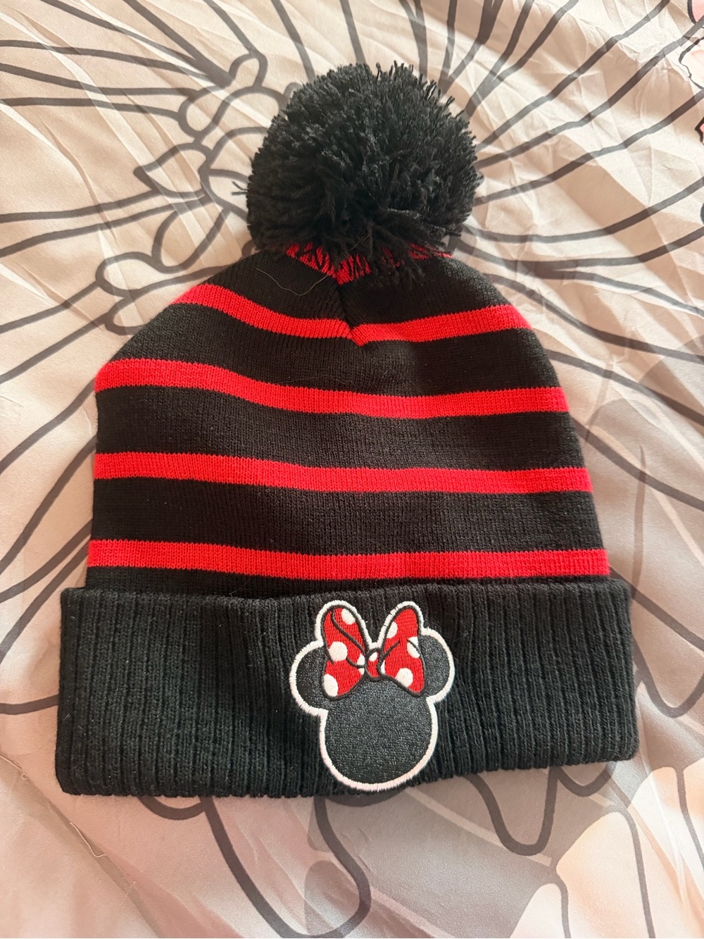 Kids Black & Red Striped Pom Beanie with Minnie Bow Patch
